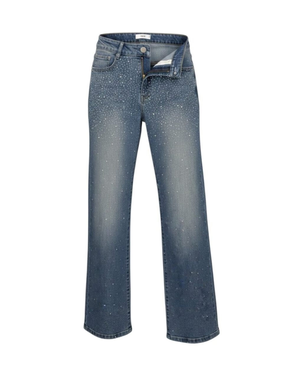 calça de ganga com brilhos straight leg tem cintura média, proporcionando conforto e um ajuste natural ao corpo.