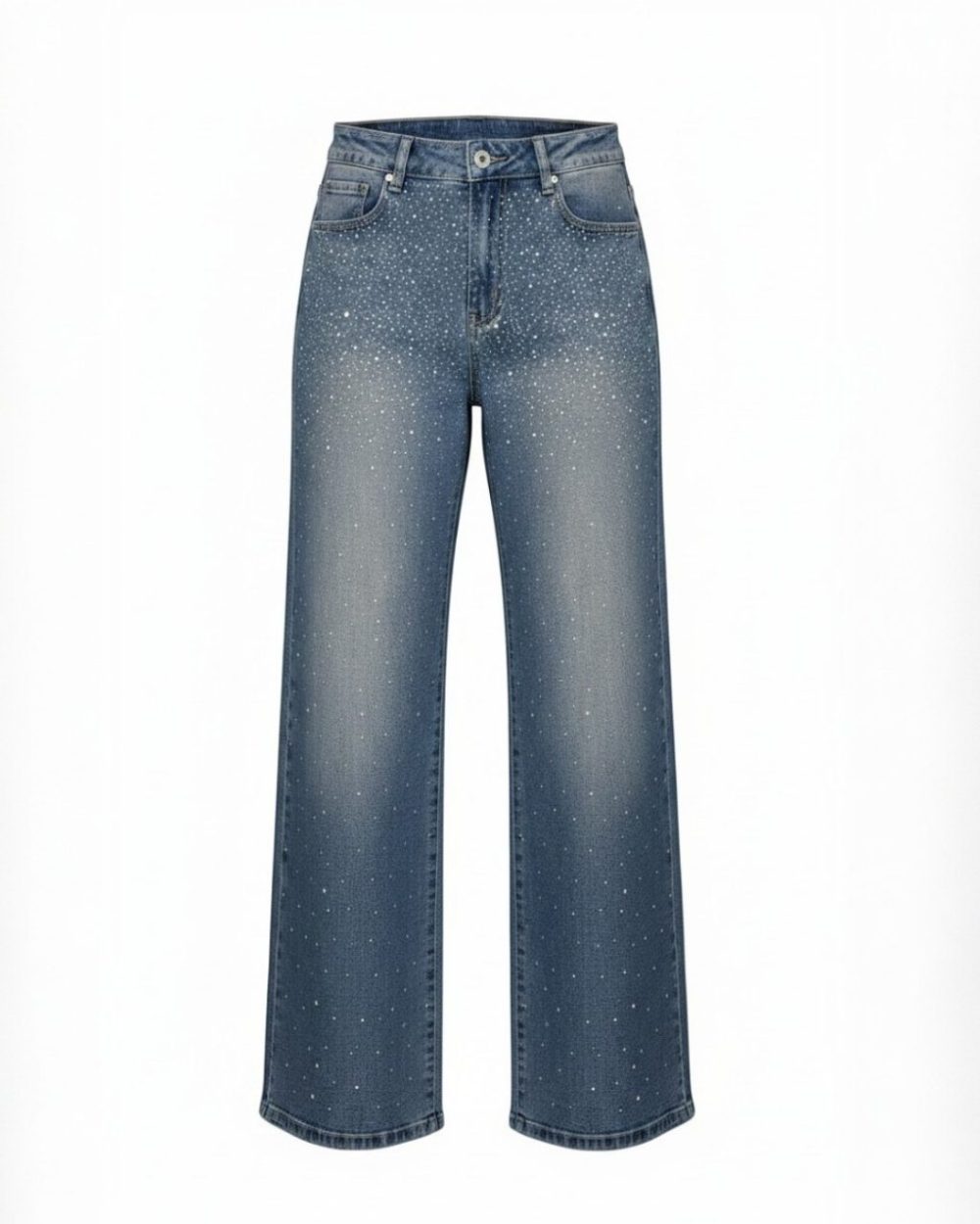 Calça de ganga com brilhos straight leg Crystal Blue. Cintura média, fecho frontal e estilo elegante.